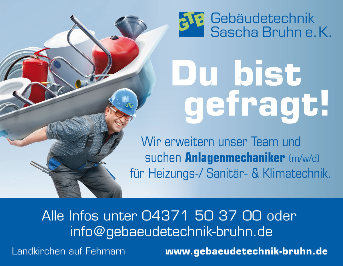 Jobs auf Fehmarn: Wir suchen<br />
Anlagenmechaniker (m/w/d) für Heizungs-/ Sanitär- und Klimatechnik.